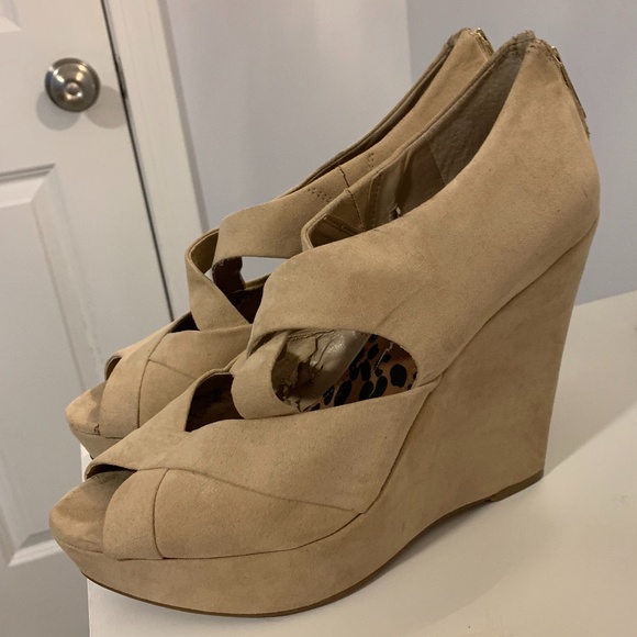Jessica Simpson Tan Suede Open Toe Wedges - Picture 4 of 11